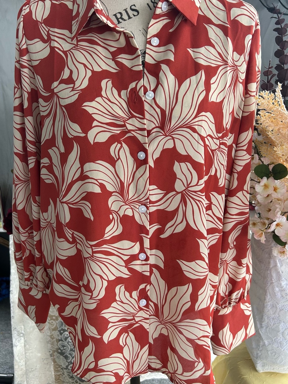 Ann Taylor Factory Rust and Cream Floral Button-Down Blouse